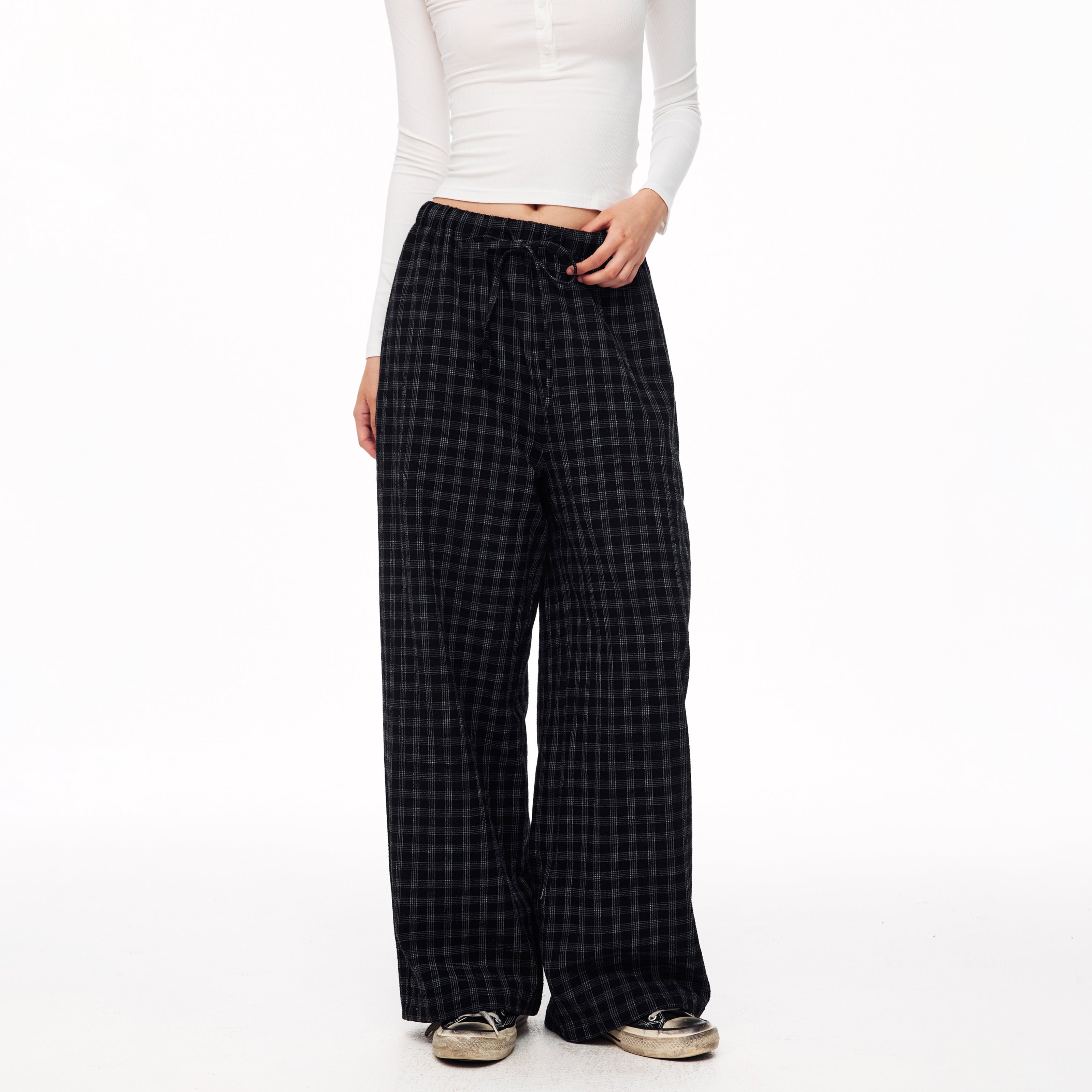 MADWITCH TEXTURED PLAID DRAWSTRING SLOUCHY PANTS #CK61088