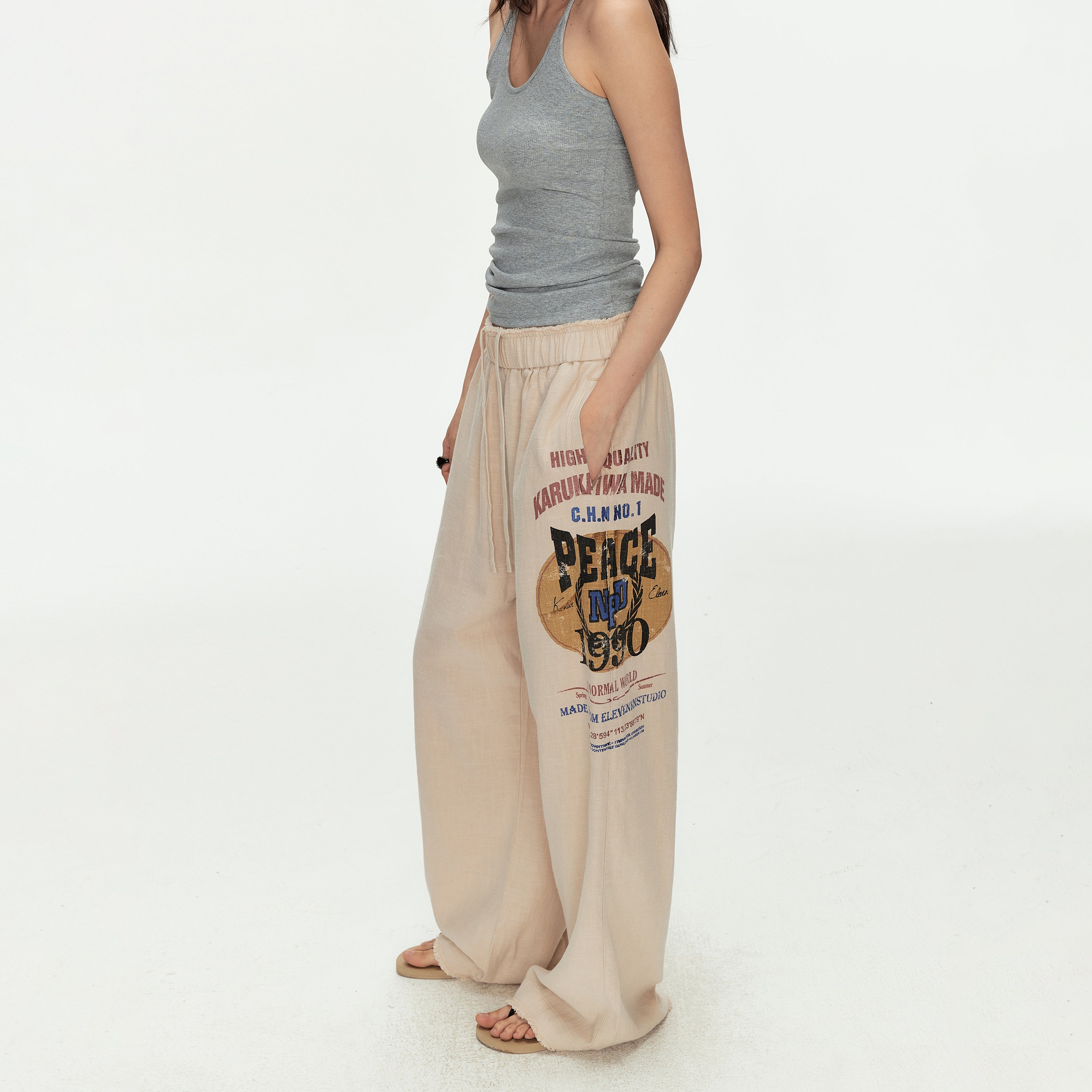 MADWITCH PRINTED LINEN DRAWSTRING PANTS #CK61035