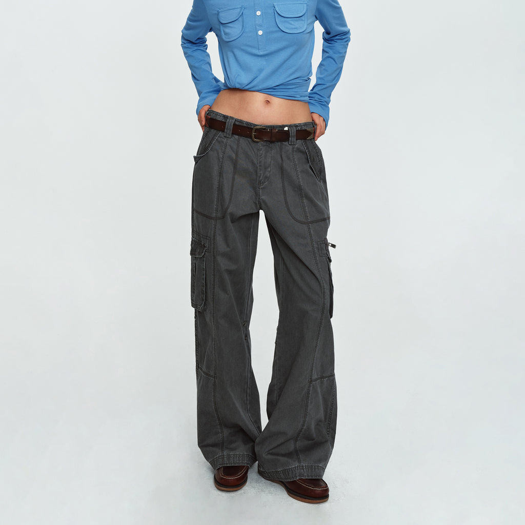 MADWITCH WASHED CONTRAST-STITCH WIDE-LEG CARGO PANTS #GPC61110N