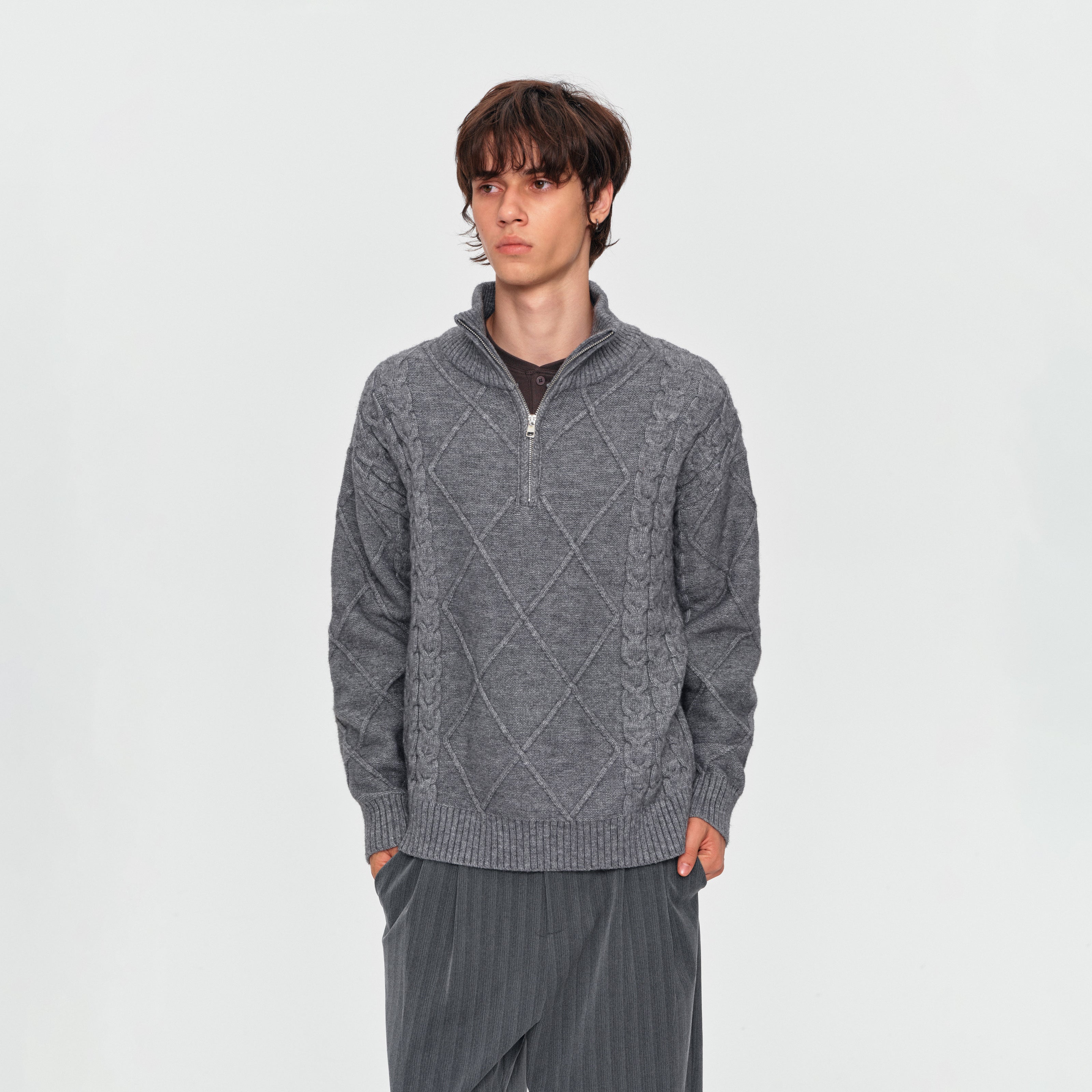 MADWITCH HALF-ZIP ARGYLE KNIT SWEATER #AW26825