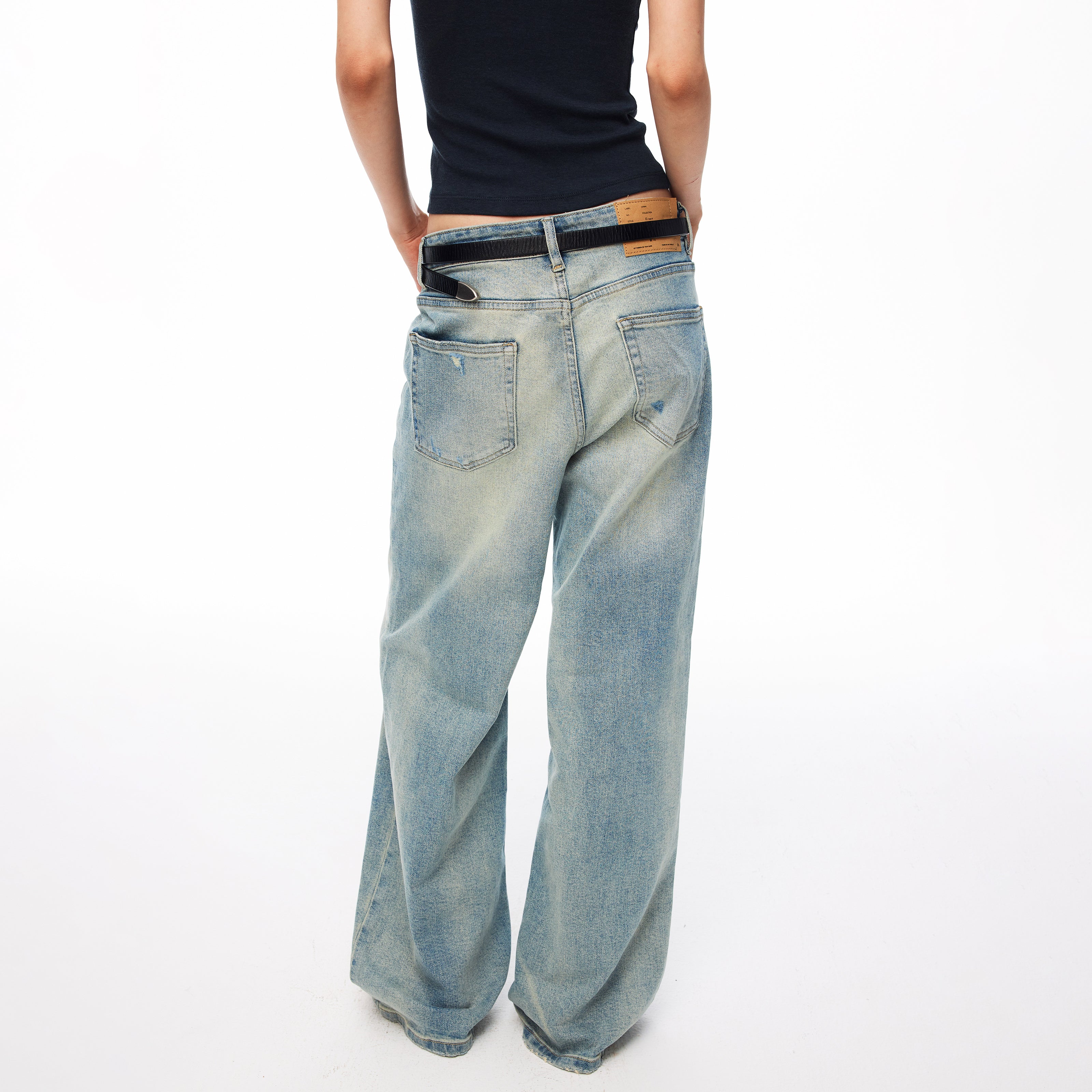 MADWITCH VINTAGE WASHED DISTRESSED WIDE-LEG JEANS #CN9835