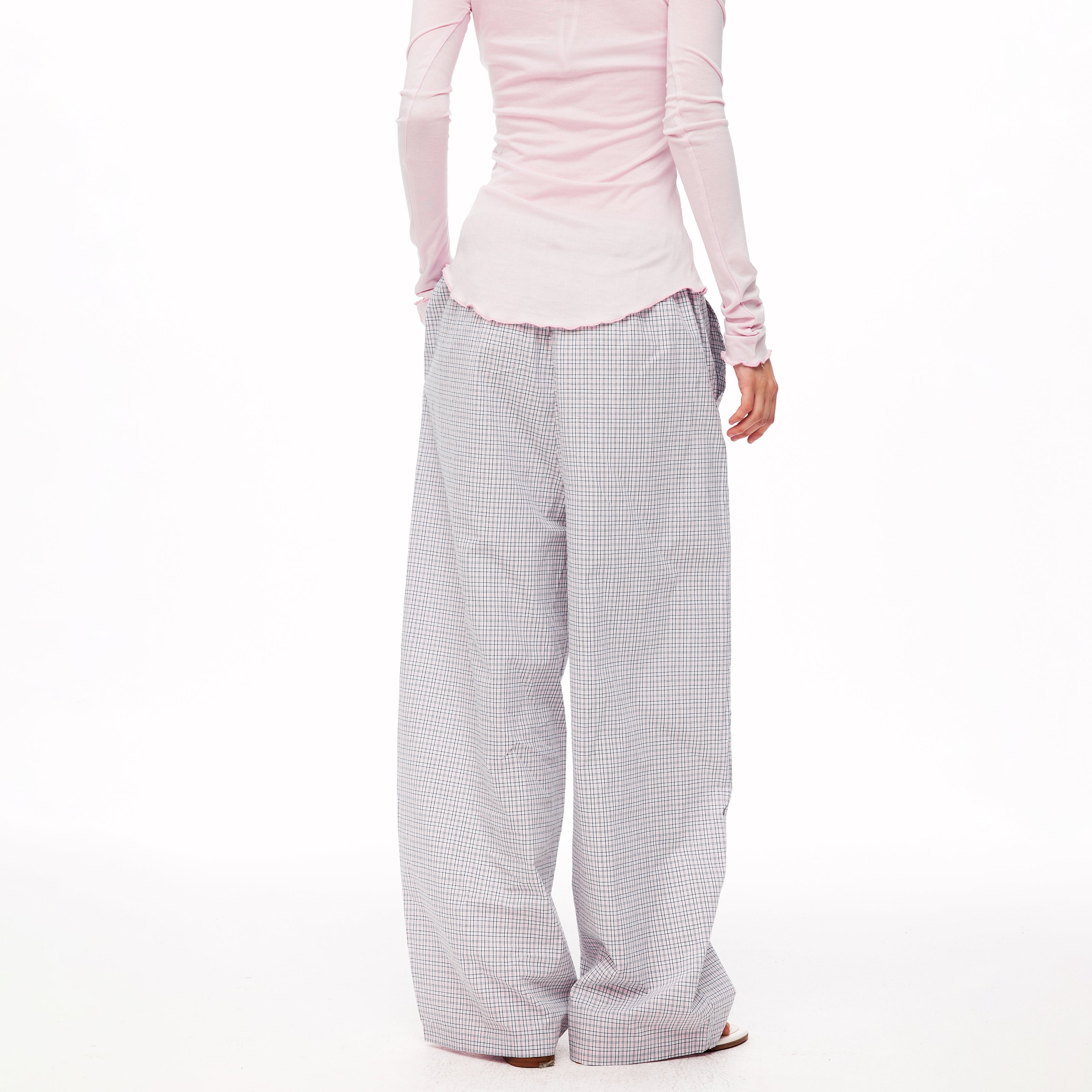 MADWITCH MINIMALIST PLAID DRAWSTRING WIDE-LEG PANTS #CK61081