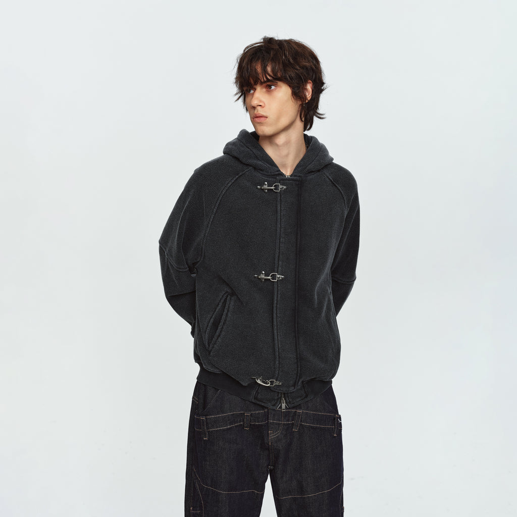 MADWITCH WAFFLE-KNIT BUCKLE-CLOSURE HOODED JACKET #AW26154