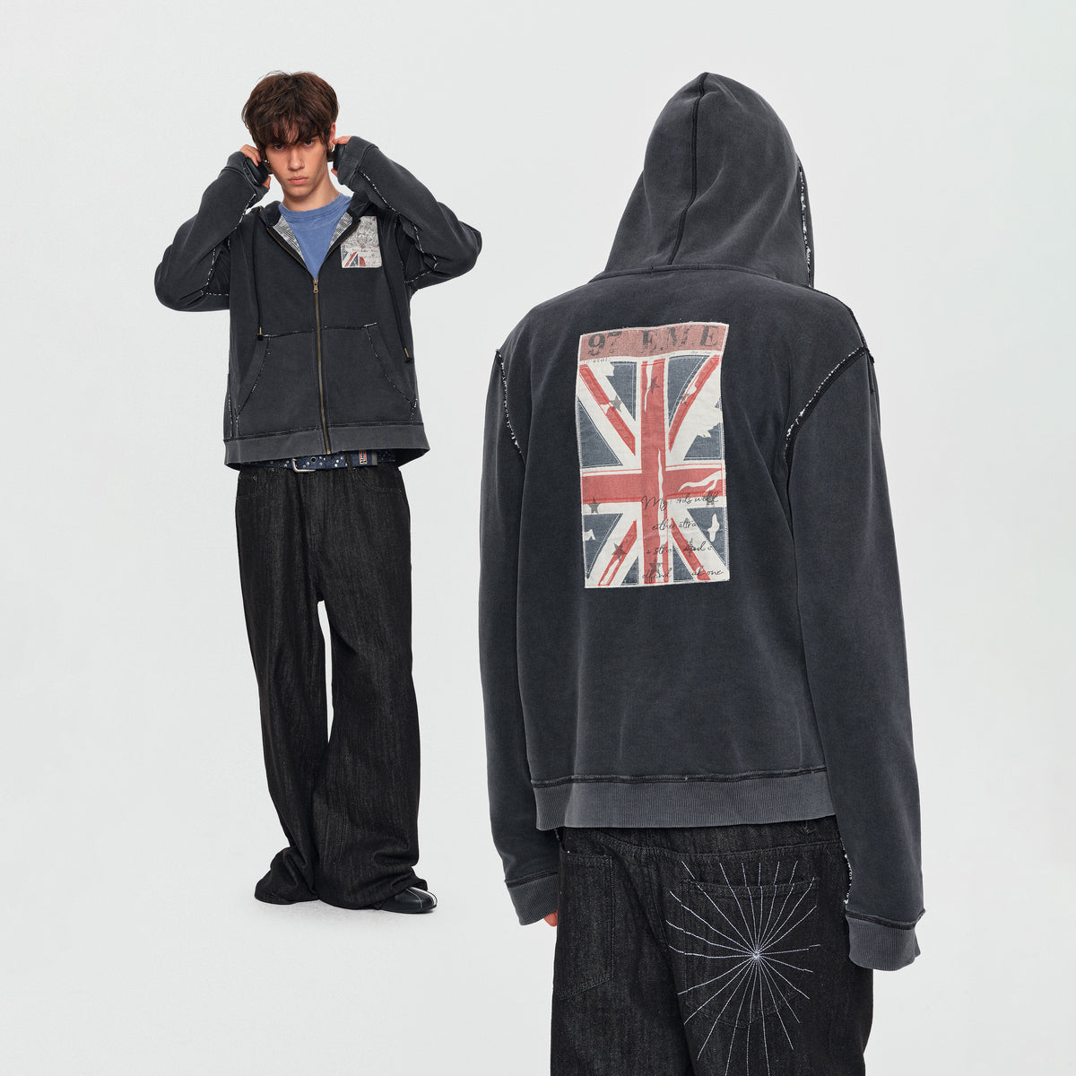 MADWITCH WASHED GRAPHIC-PATCH CROPPED ZIP HOODIE #2606WT5096