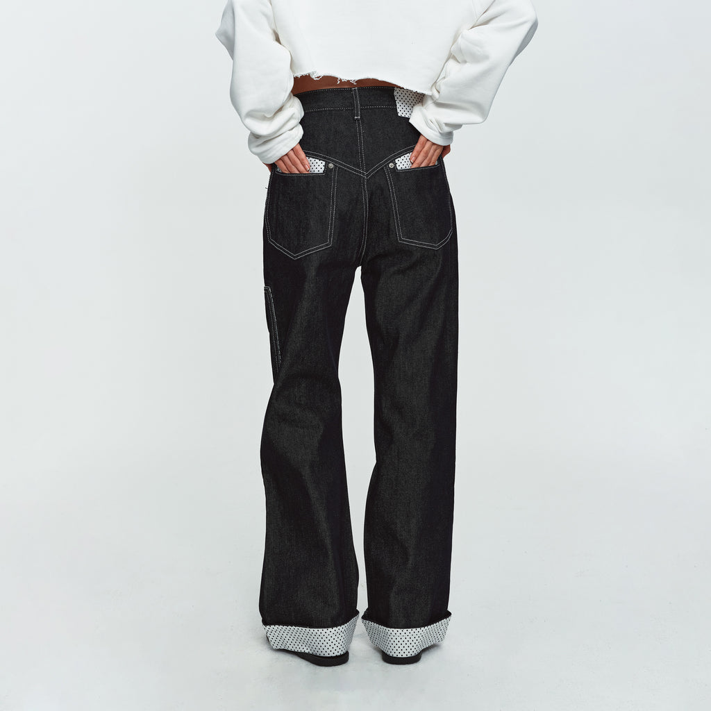 MADWITCH POLKA-DOT PATCHWORK CUFFED WIDE-LEG JEANS #G60107