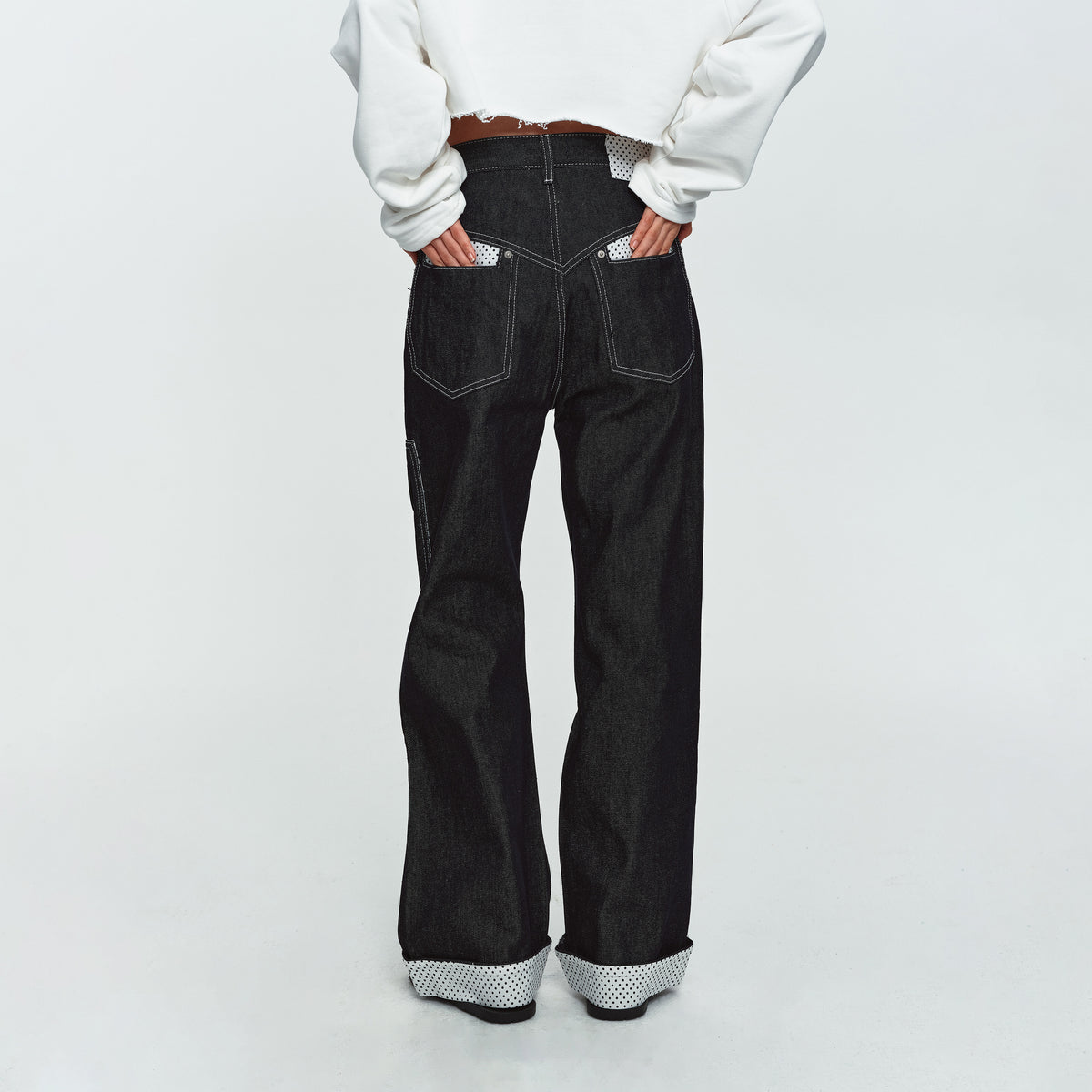 MADWITCH POLKA-DOT PATCHWORK CUFFED WIDE-LEG JEANS #G60107