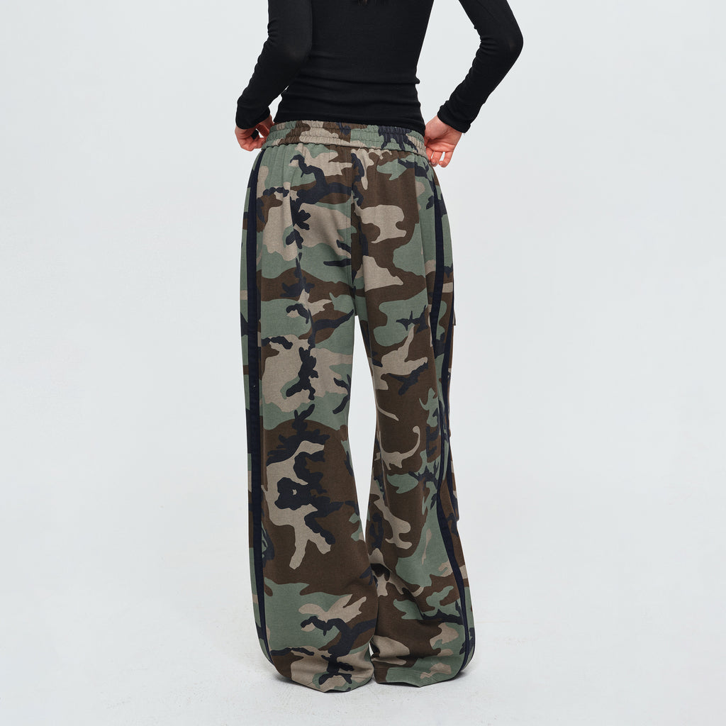 MADWITCH EMBROIDERED SIDE-STRIPE CAMO WIDE-LEG PANTS #CK61091