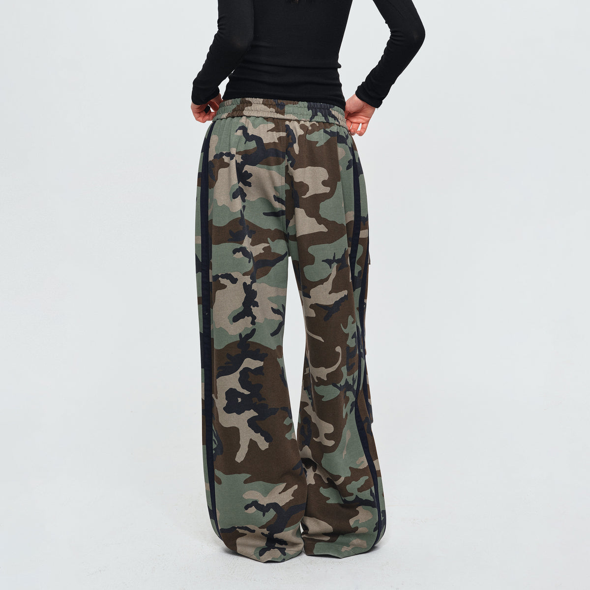 MADWITCH EMBROIDERED SIDE-STRIPE CAMO WIDE-LEG PANTS #CK61091