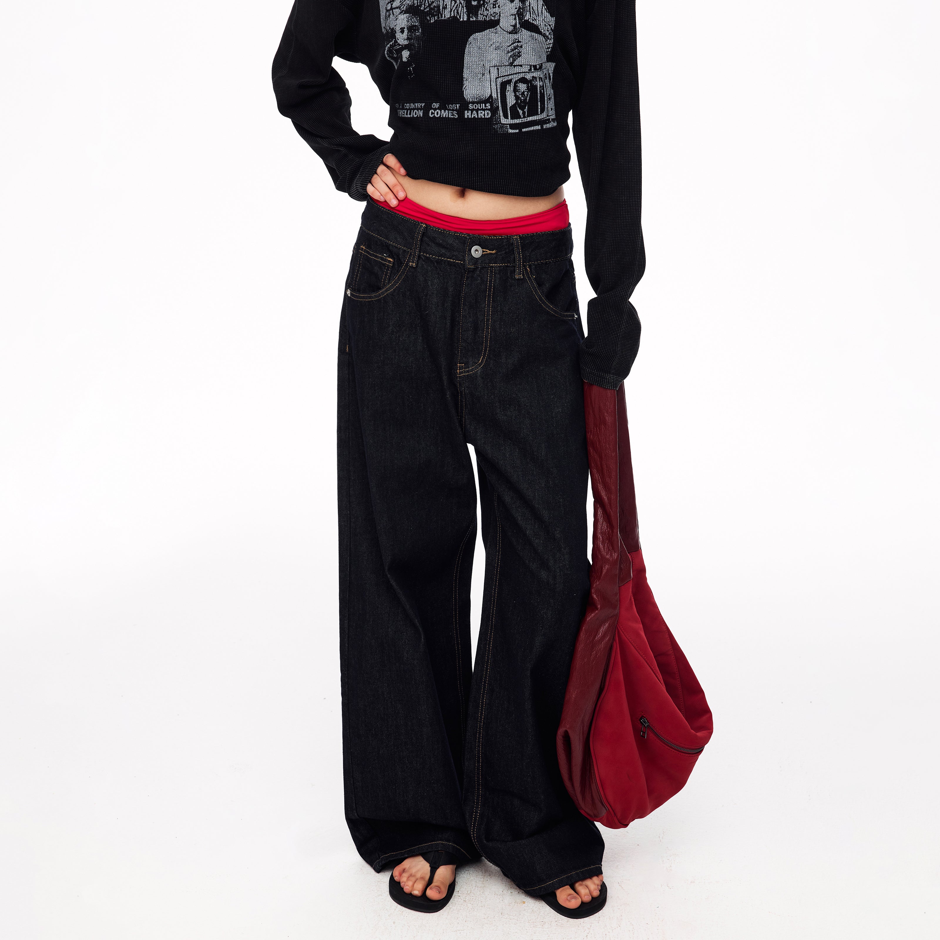 MADWITCH EMBROIDERED BACK-WAIST WIDE-LEG JEANS #WHOA158