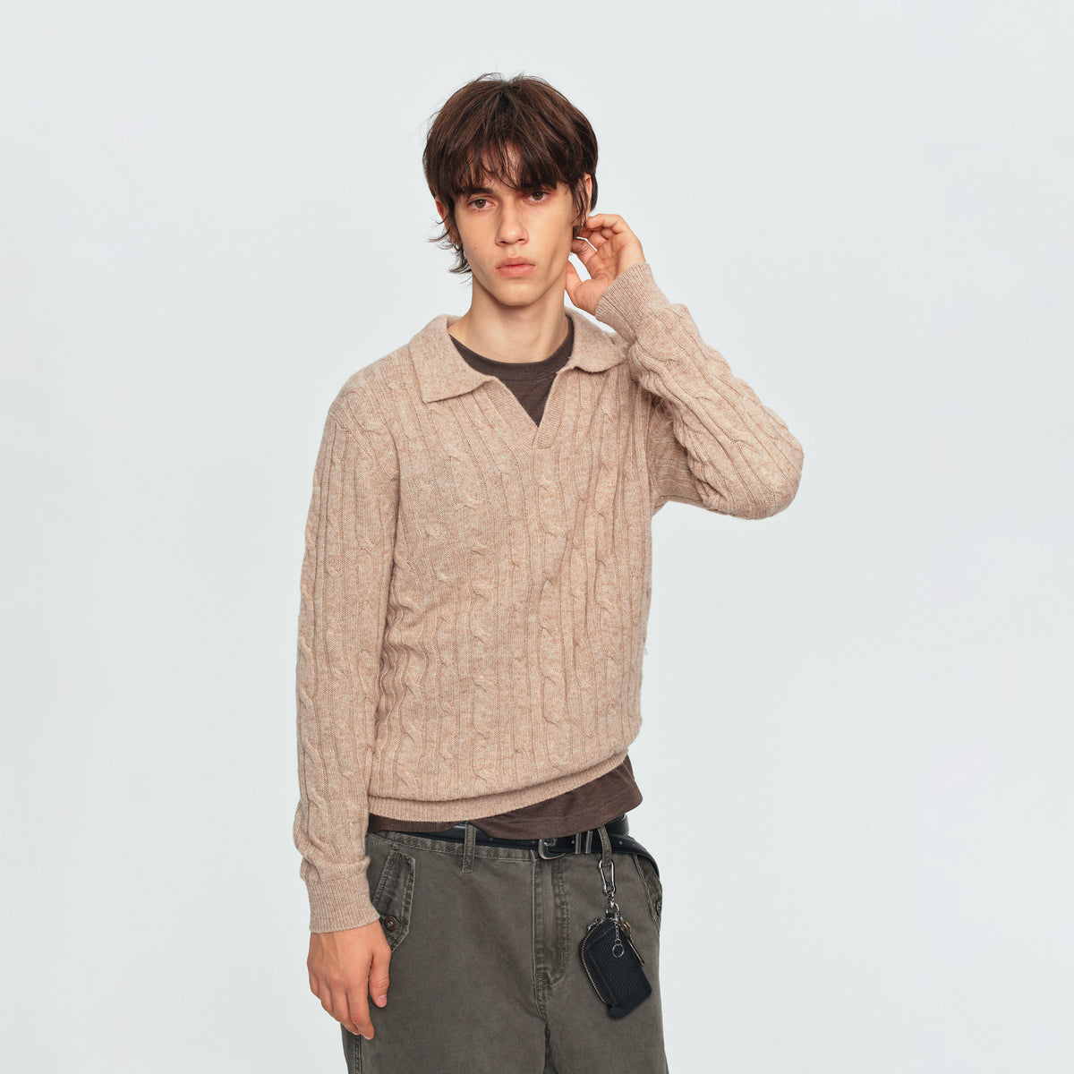 MADWITCH TEXTURED CABLE-KNIT WOOL-BLEND POLO SWEATER #11892