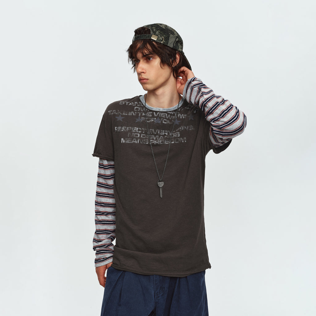 MADWITCH STRIPED-LAYERED LETTER-PRINT LONG-SLEEVE T-SHIRT #TC186