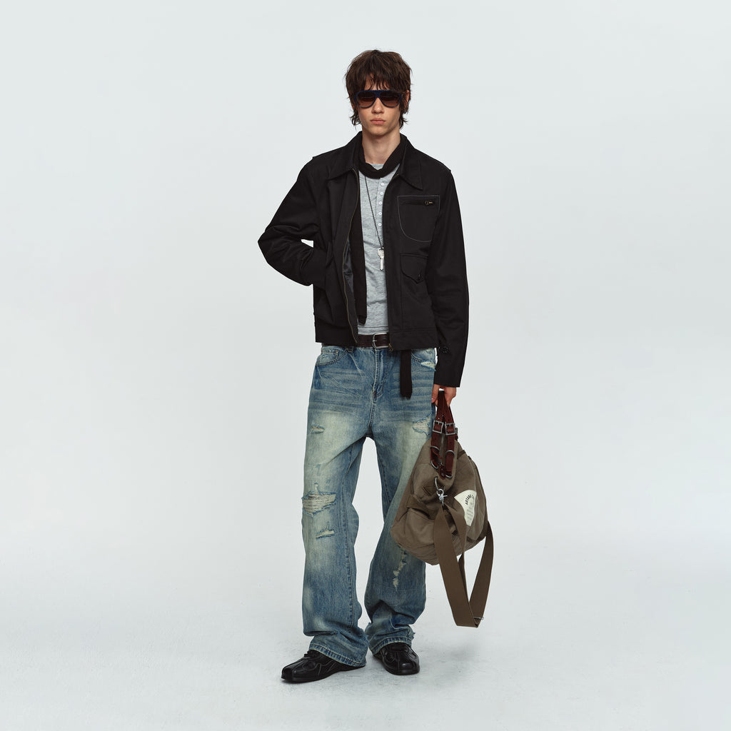MADWITCH CONTRAST-STITCH MULTI-POCKET COLLARED UTILITY JACKET #GPCW1379