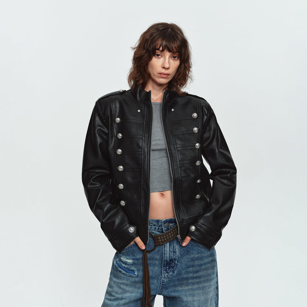 MADWITCH NAPOLEON-BUTTON CROPPED LEATHER BIKER JACKET #AW26188