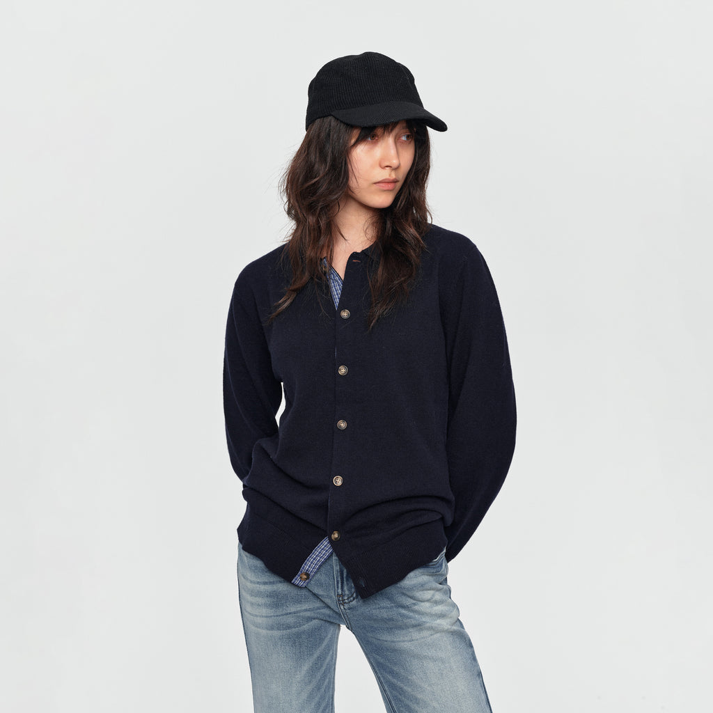 MADWITCH CONTRAST-PLACKET PLAID WOOL-BLEND CARDIGAN #11888