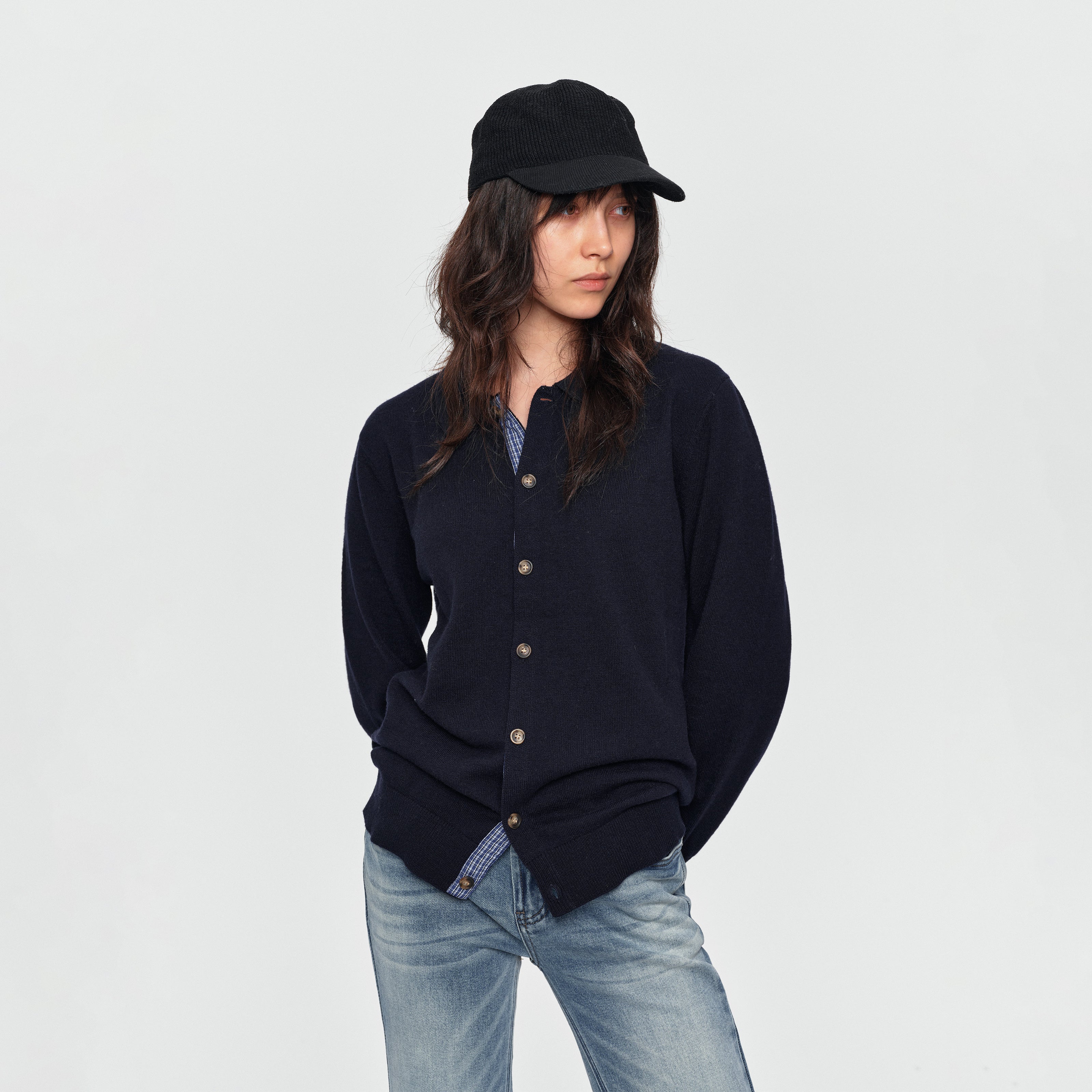 MADWITCH CONTRAST-PLACKET PLAID WOOL-BLEND CARDIGAN #11888