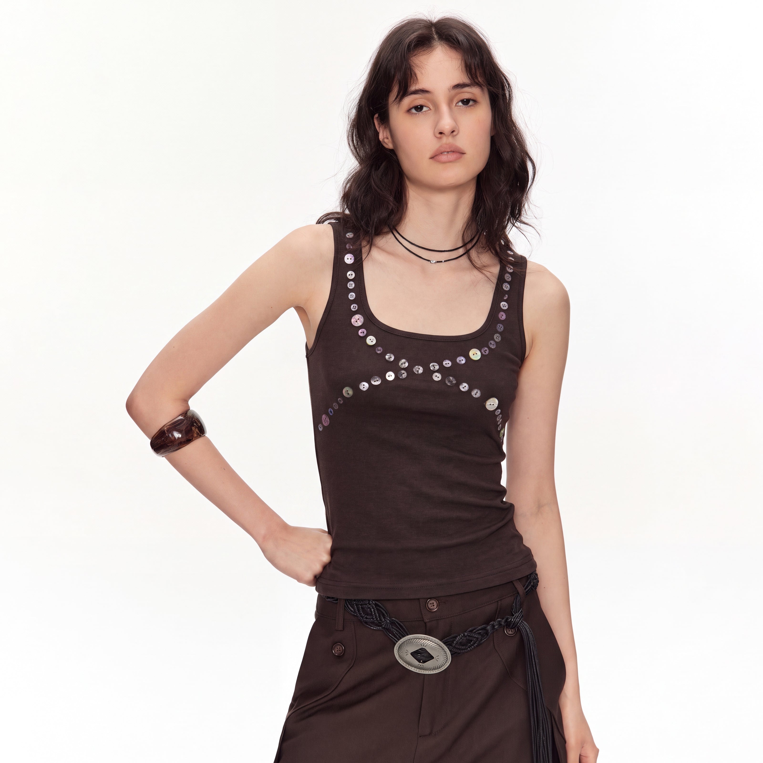 MADWITCH BUTTON-TRIM SQUARE-NECK TANK TOP #G26381