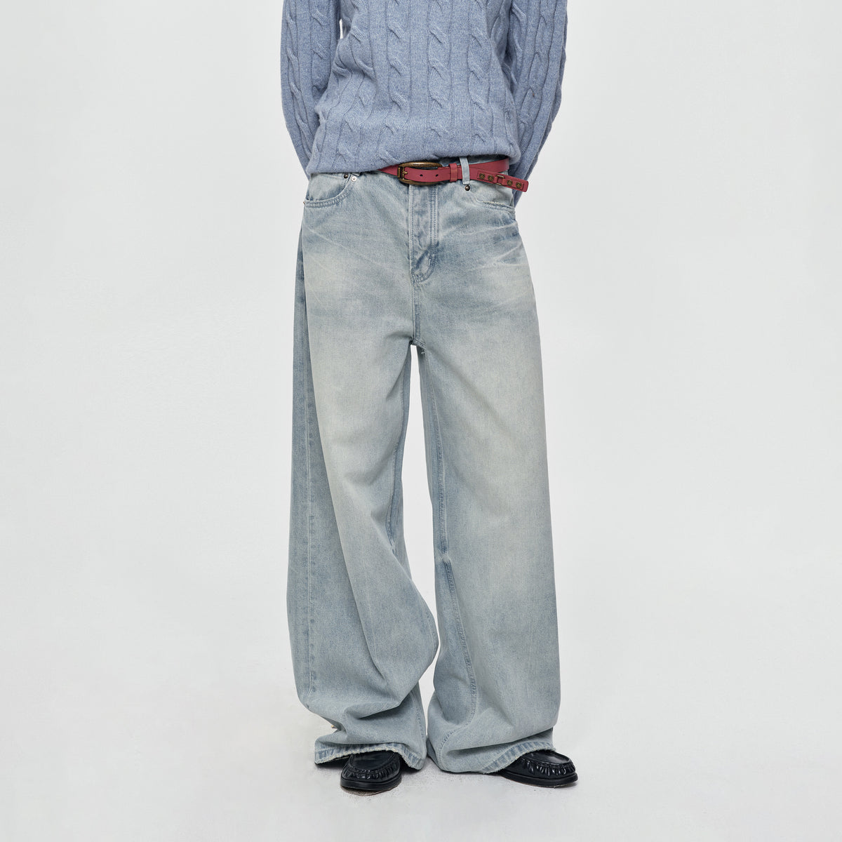 MADWITCH VINTAGE WASHED DRAPED WIDE-LEG JEANS #BKJ7102