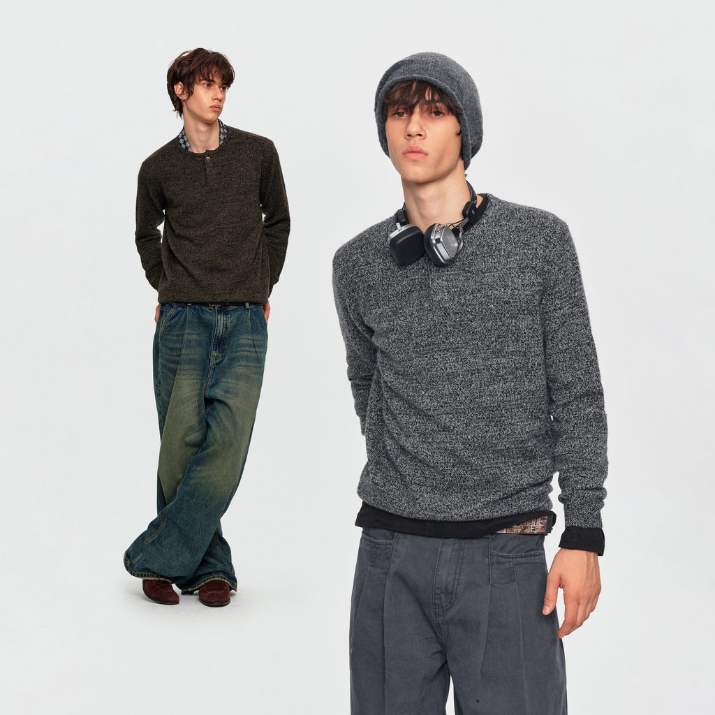 MADWITCH TEXTURED MARLED WOOL-BLEND HENLEY SWEATER #11826