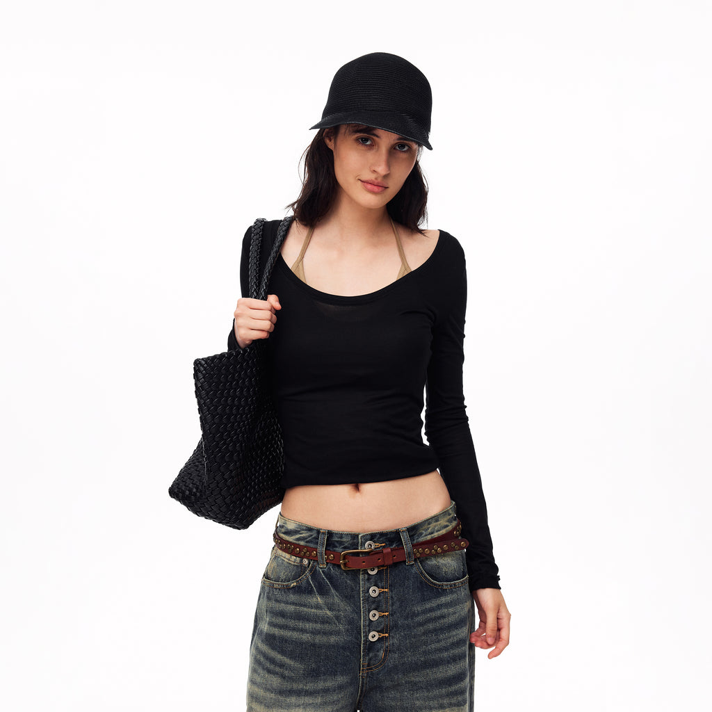 MADWITCH MINIMALIST U-NECK TENCEL LONG-SLEEVE T-SHIRT #G2110