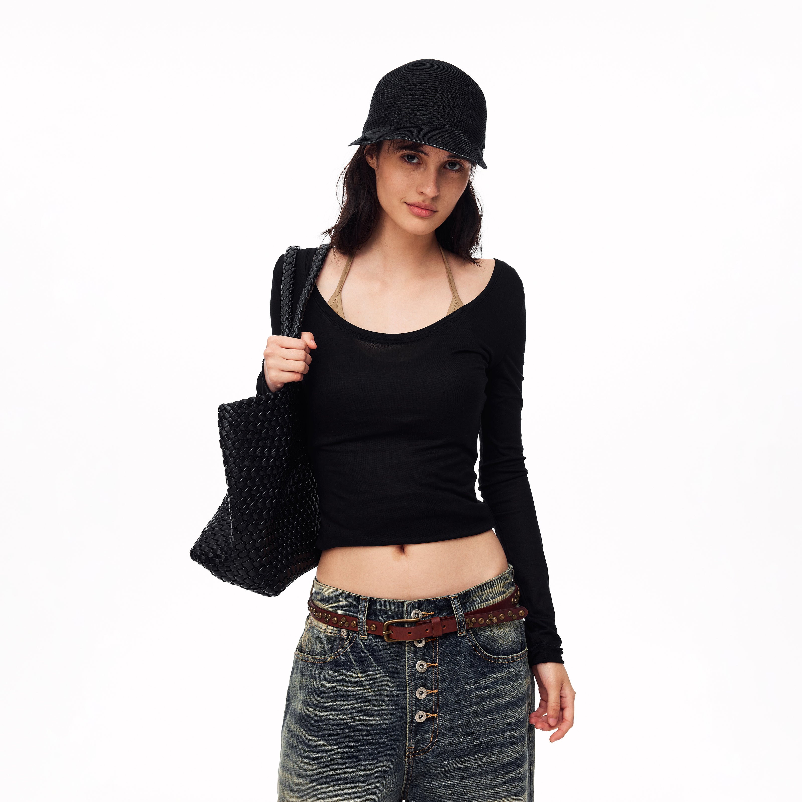 MADWITCH MINIMALIST U-NECK TENCEL LONG-SLEEVE T-SHIRT #G2110