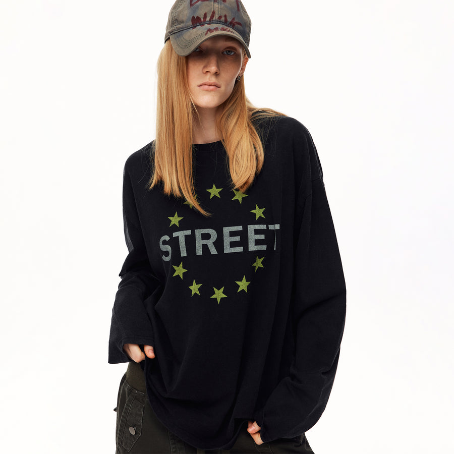 MADWITCH STREETWEAR DISTRESSED STAR-PRINT LONG-SLEEVE T-SHIRT #N2193