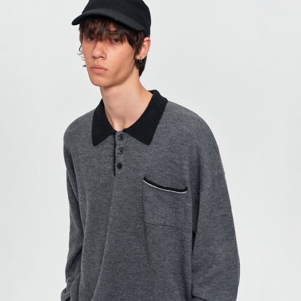 MADWITCH MARLED CONTRAST-COLLAR POLO SWEATER #AW26823