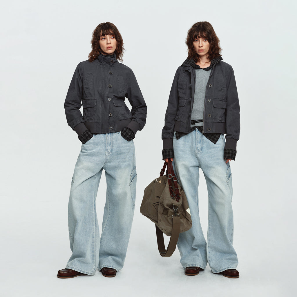MADWITCH WASHED DISTRESSED MULTI-POCKET STAND-COLLAR CROPPED UTILITY JACKET #N606