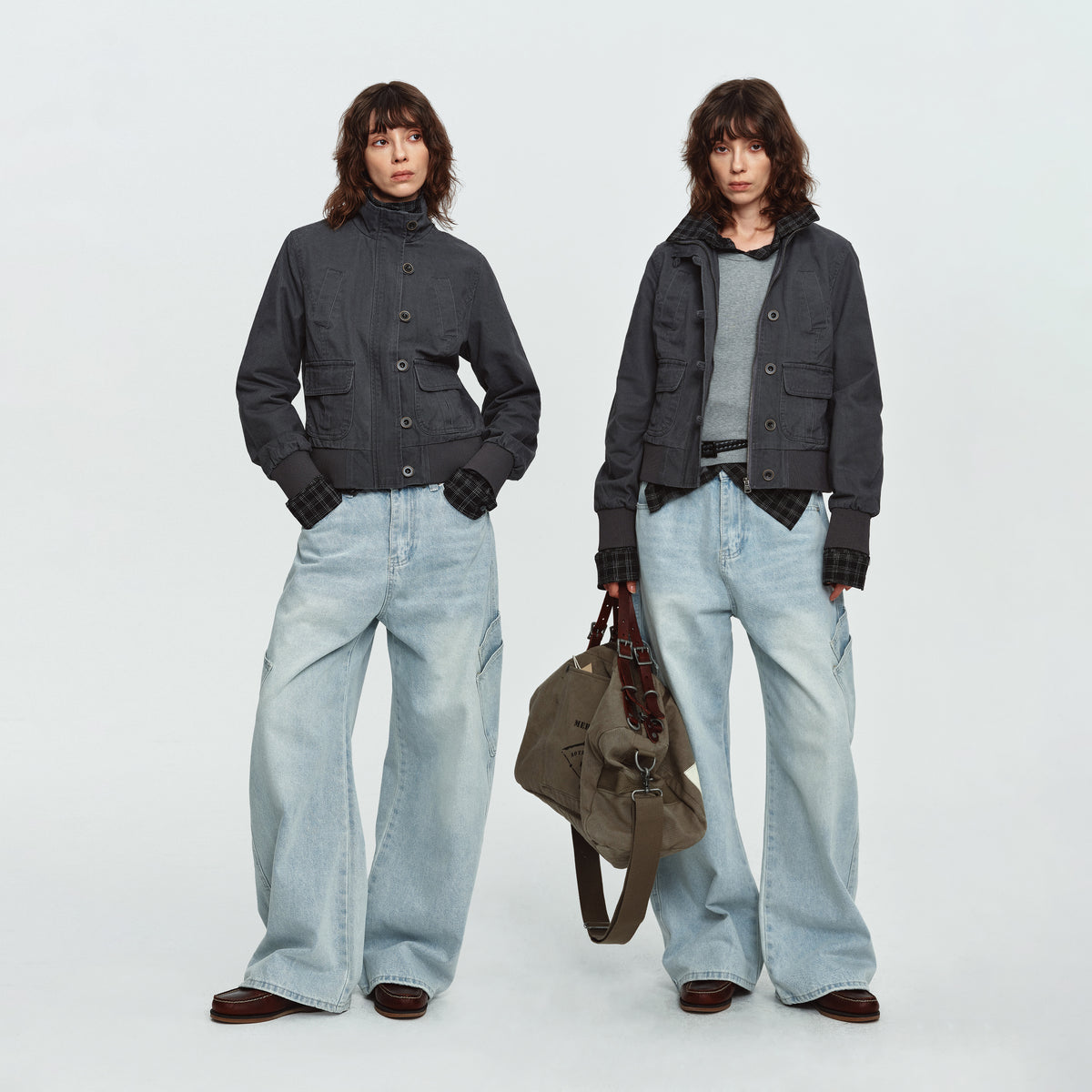 MADWITCH WASHED DISTRESSED MULTI-POCKET STAND-COLLAR CROPPED UTILITY JACKET #N606