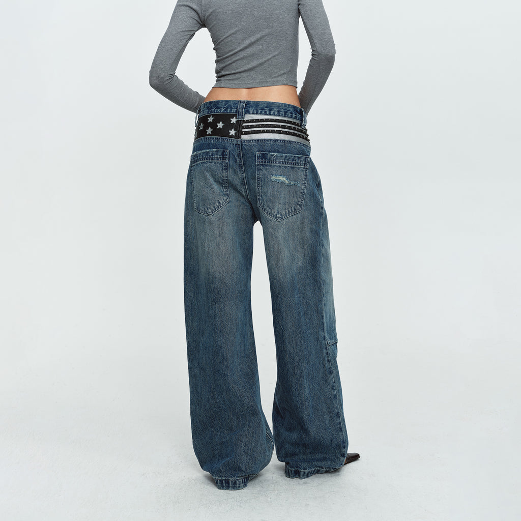 MADWITCH CONTRAST-STITCH WAXED-BLACK WIDE-LEG JEANS #GPC9859