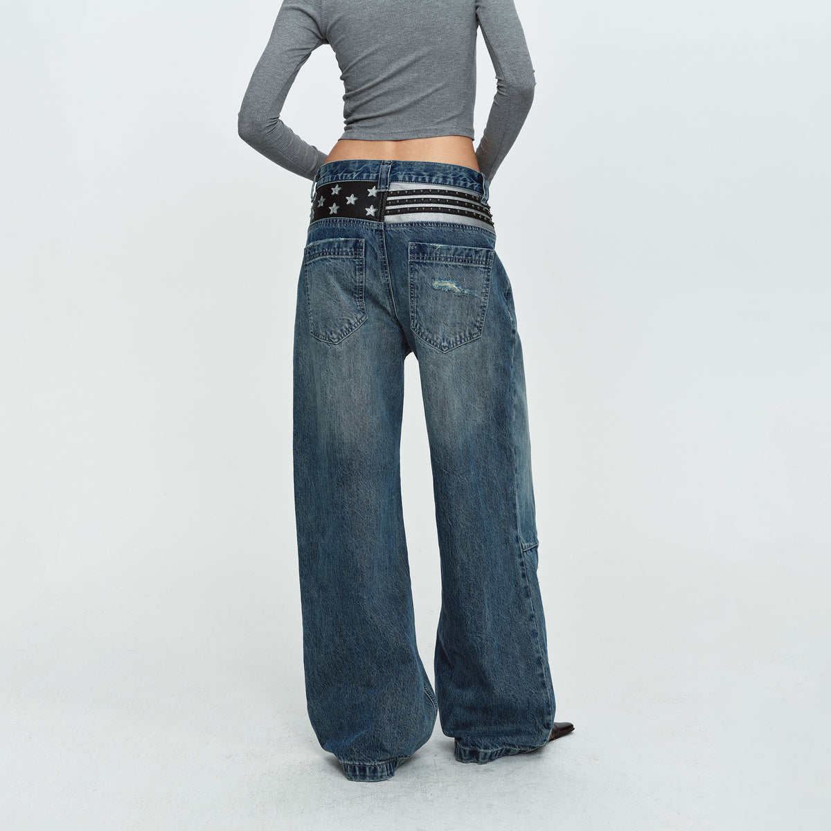 MADWITCH CONTRAST-STITCH WAXED-BLACK WIDE-LEG JEANS #GPC9859