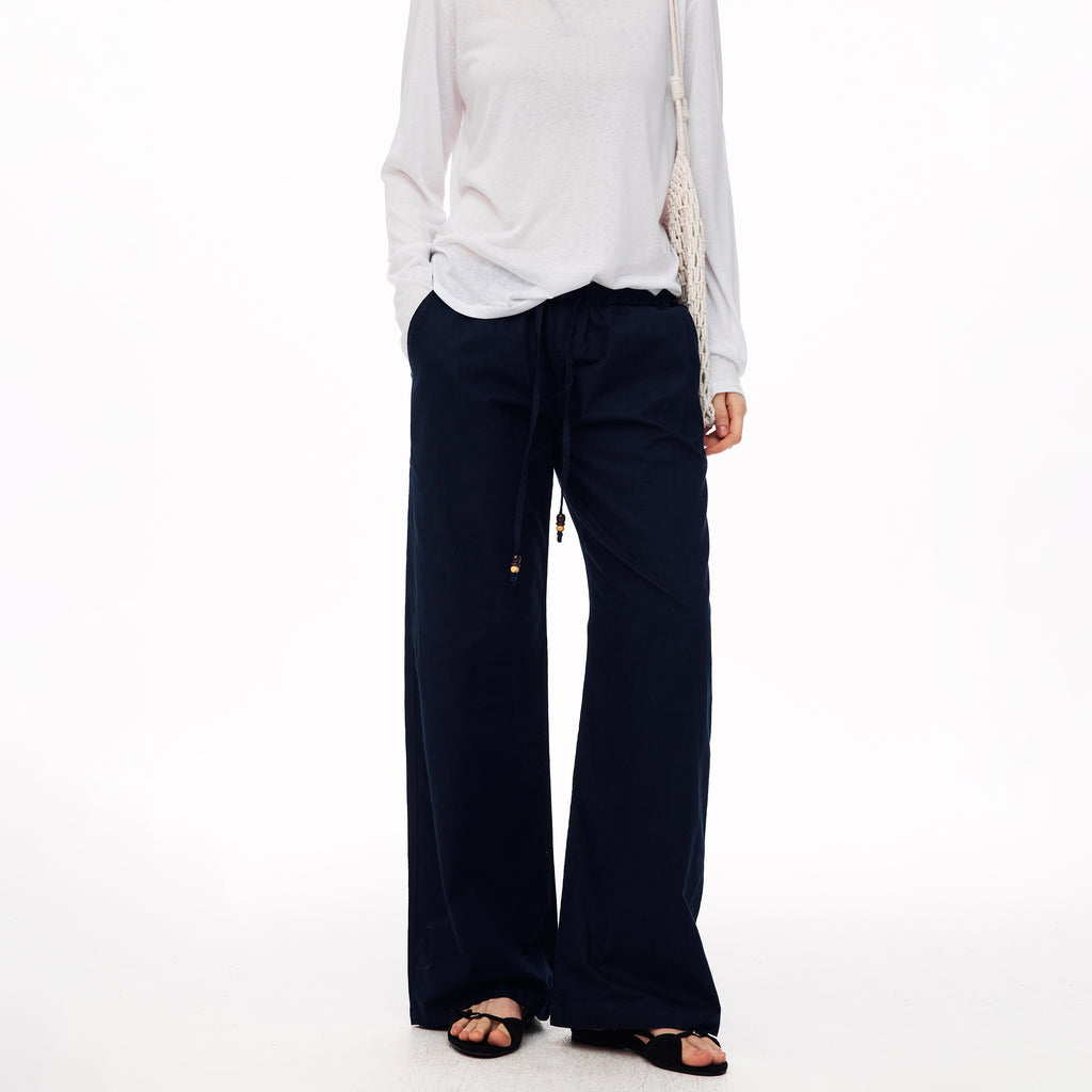 MADWITCH SLOUCHY LINEN-BLEND DRAWSTRING WIDE-LEG PANTS #CN61060