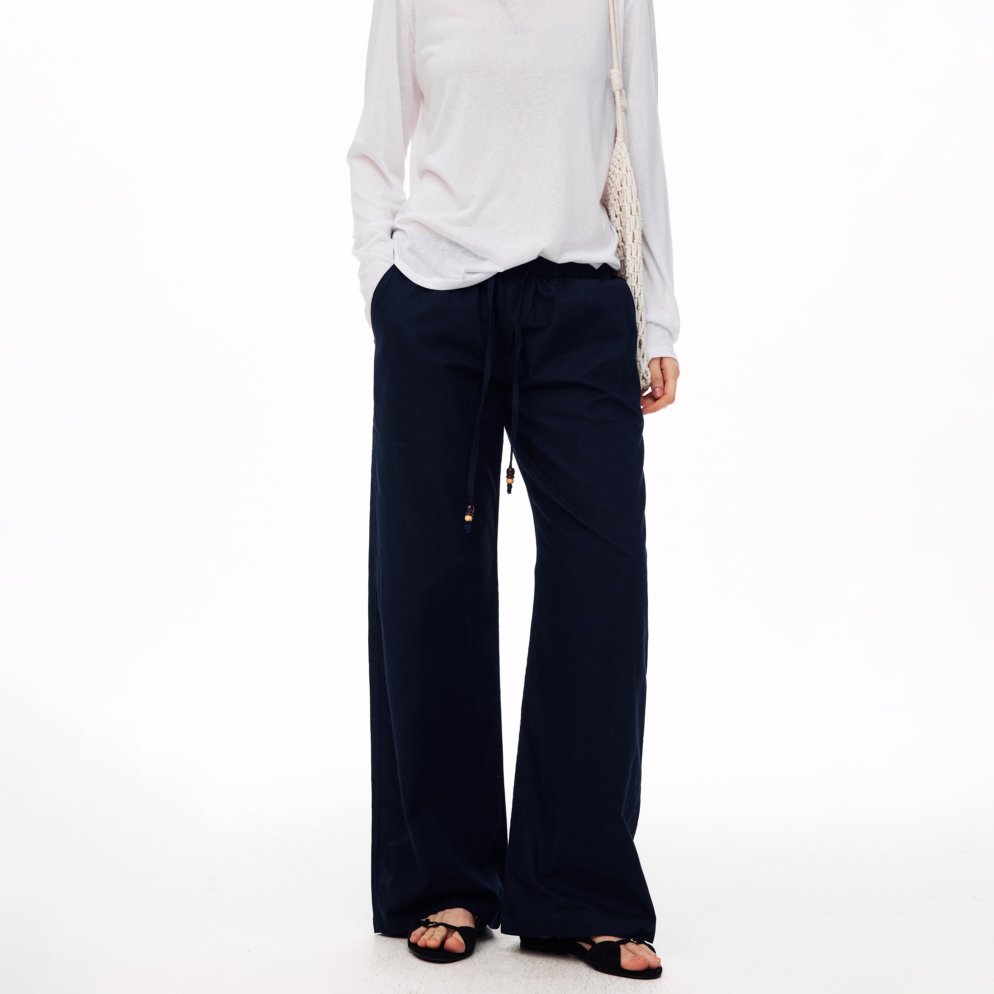 MADWITCH SLOUCHY LINEN-BLEND DRAWSTRING WIDE-LEG PANTS #CN61060