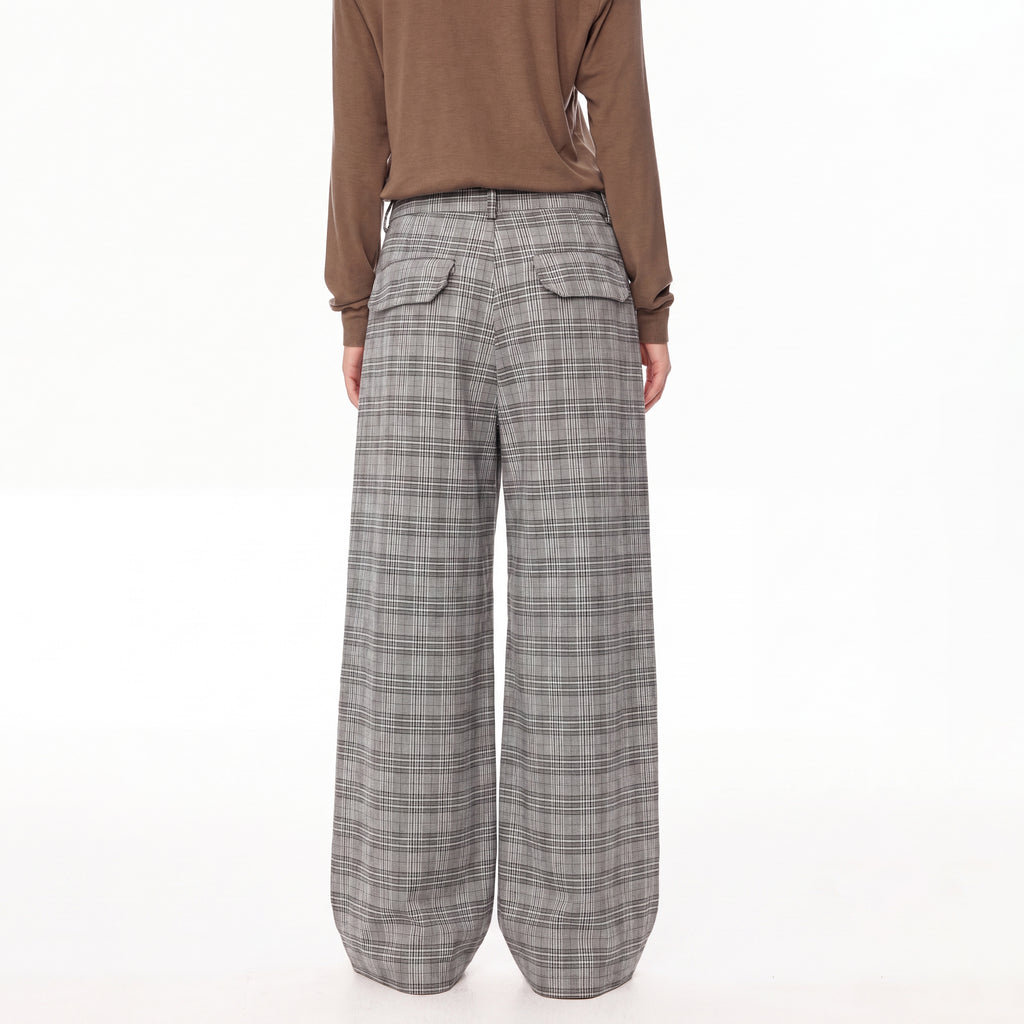 MADWITCH VINTAGE PLAID PLEATED WIDE-LEG TROUSERS #N2198