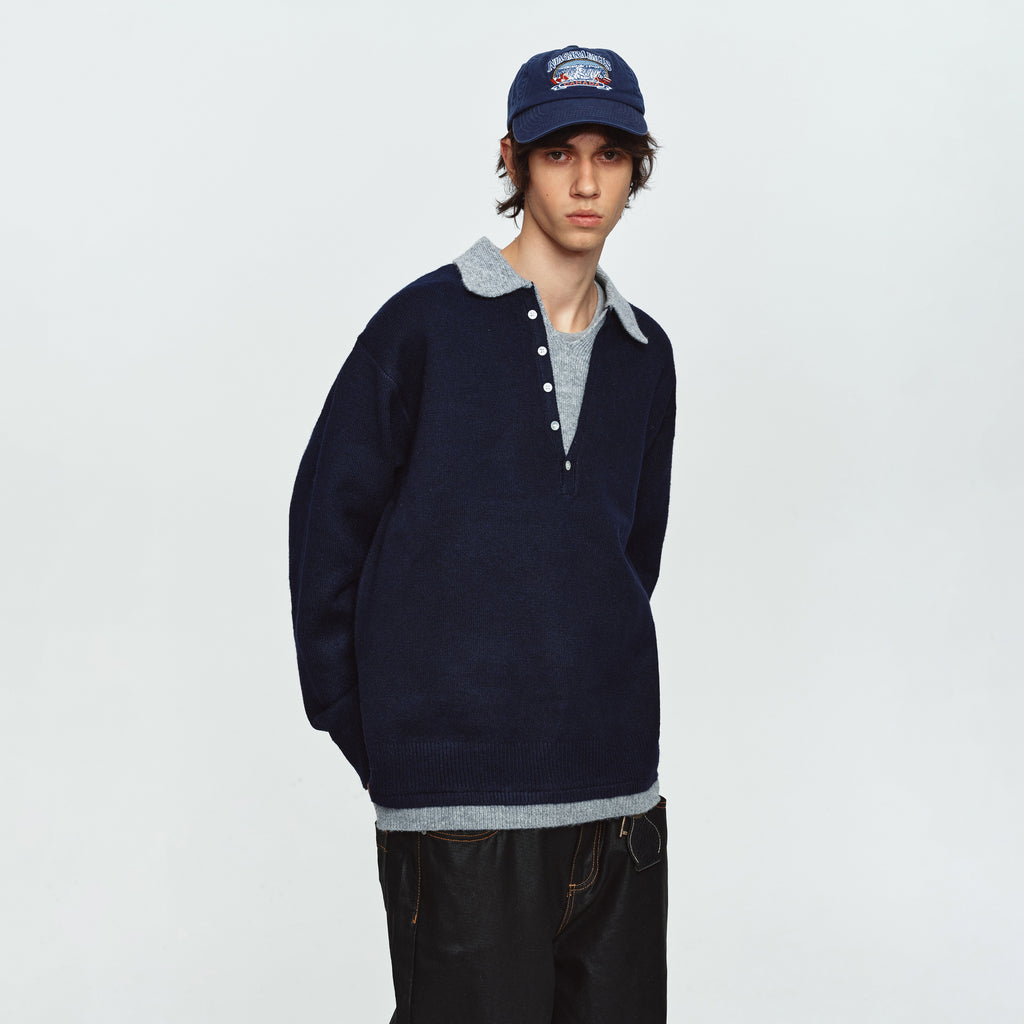 MADWITCH LAYERED CONTRAST-COLLAR BUTTON-PLACKET POLO SWEATER #68562