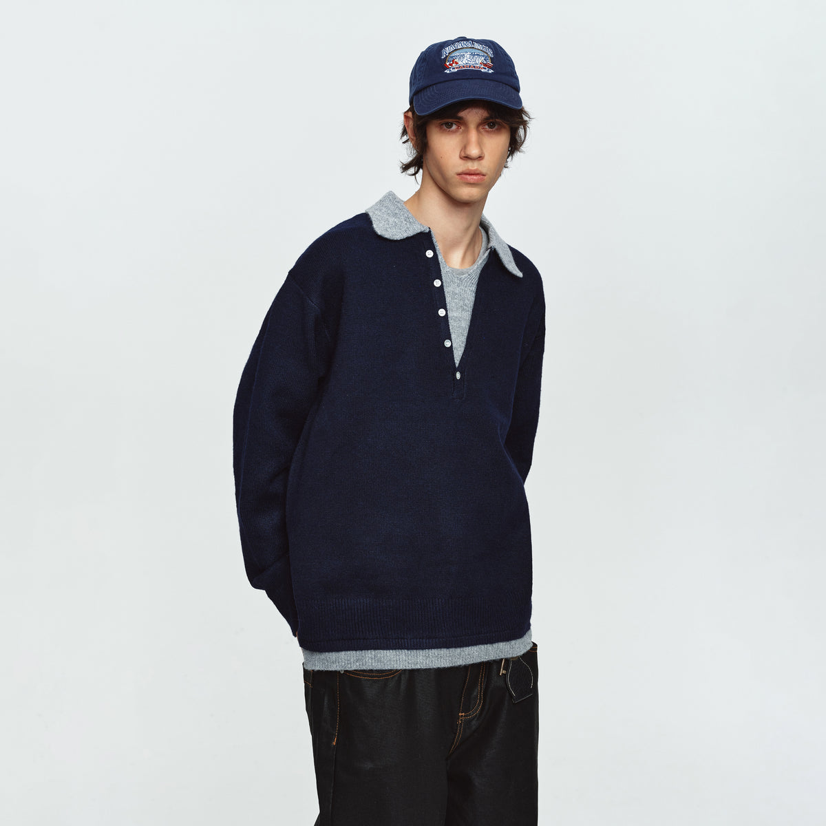 MADWITCH LAYERED CONTRAST-COLLAR BUTTON-PLACKET POLO SWEATER #68562