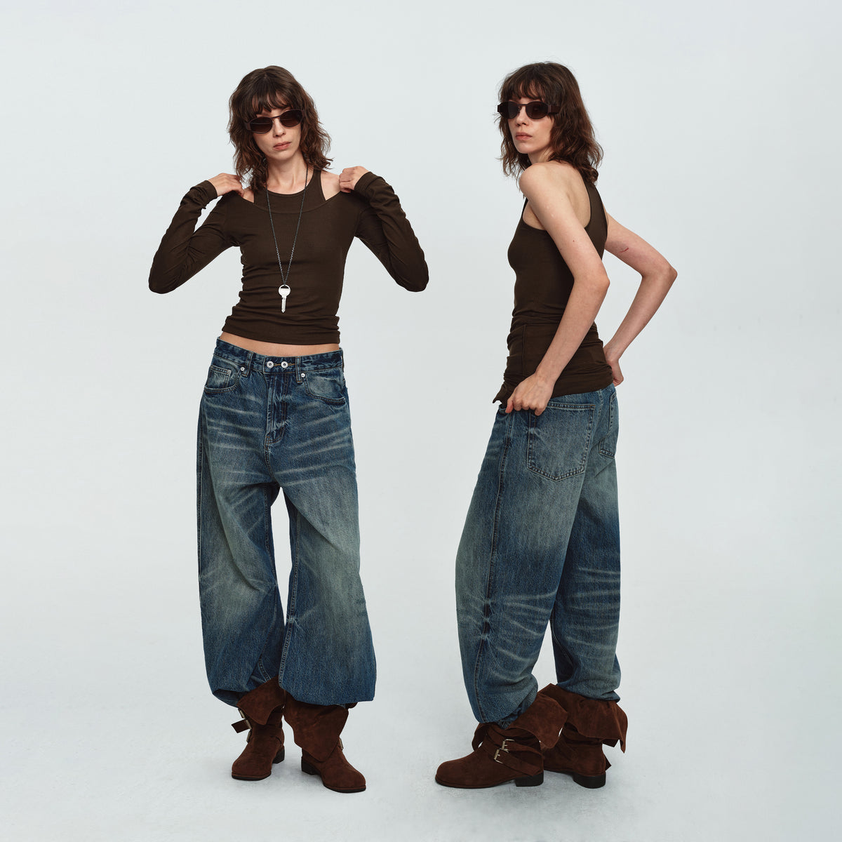 MADWITCH DOUBLE-BUTTON WASHED WIDE-LEG JEANS #GPC9857