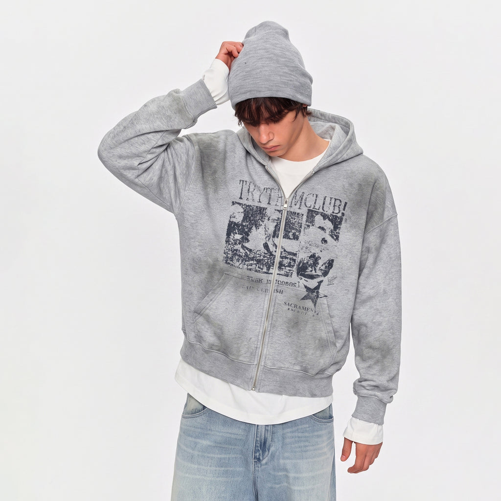 MADWITCH RECORD-PRINT WASHED ZIP HOODIE #27560