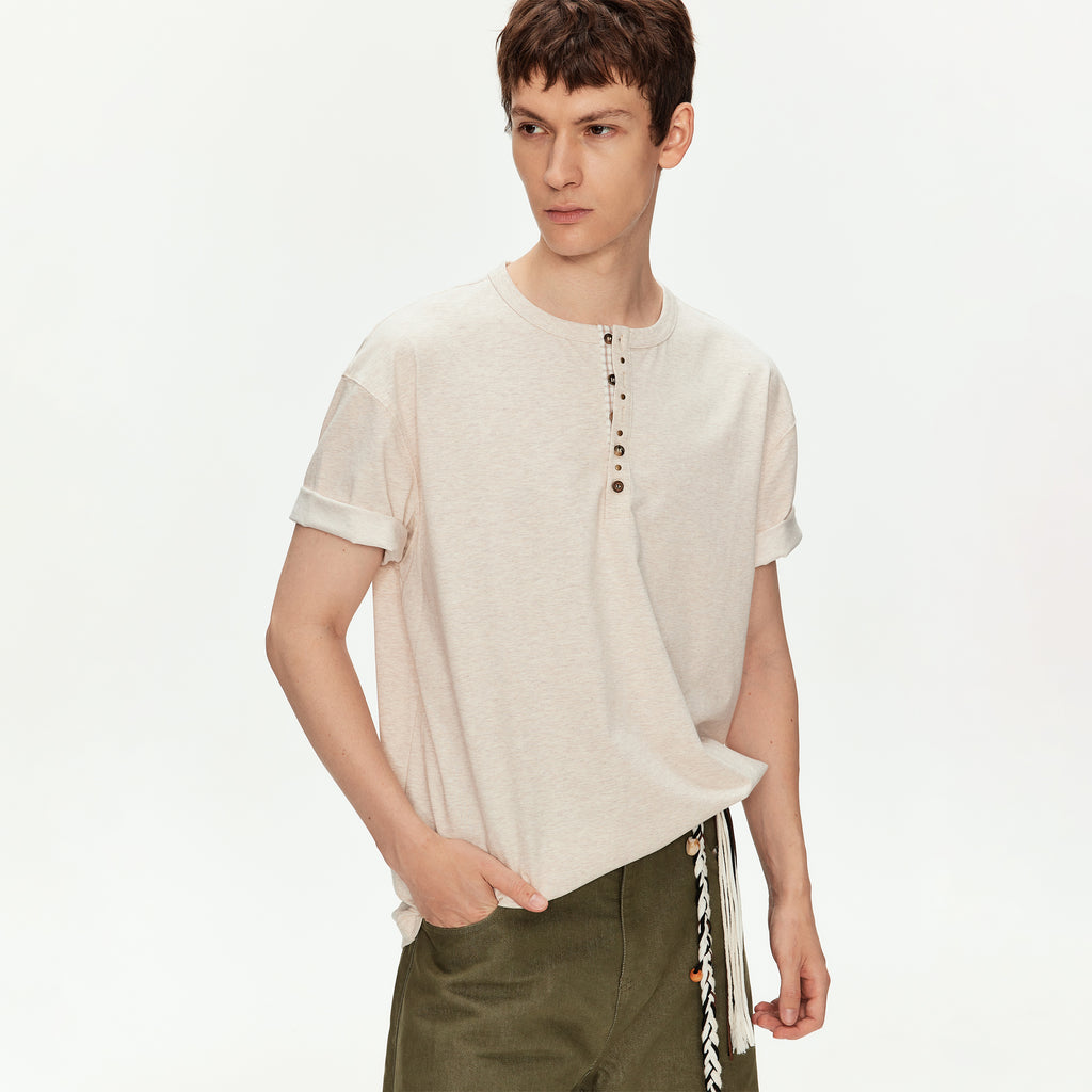 MADWITCH HENLEY NECK PLAID PLACKET TEE #991336