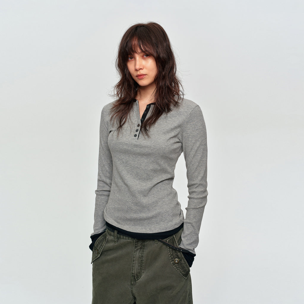 MADWITCH CONTRAST LAYERED RIB-KNIT HENLEY TOP #DD3422