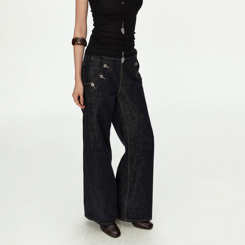 MADWITCH VINTAGE BUTTON SIDE WIDE JEANS #GPC9816N