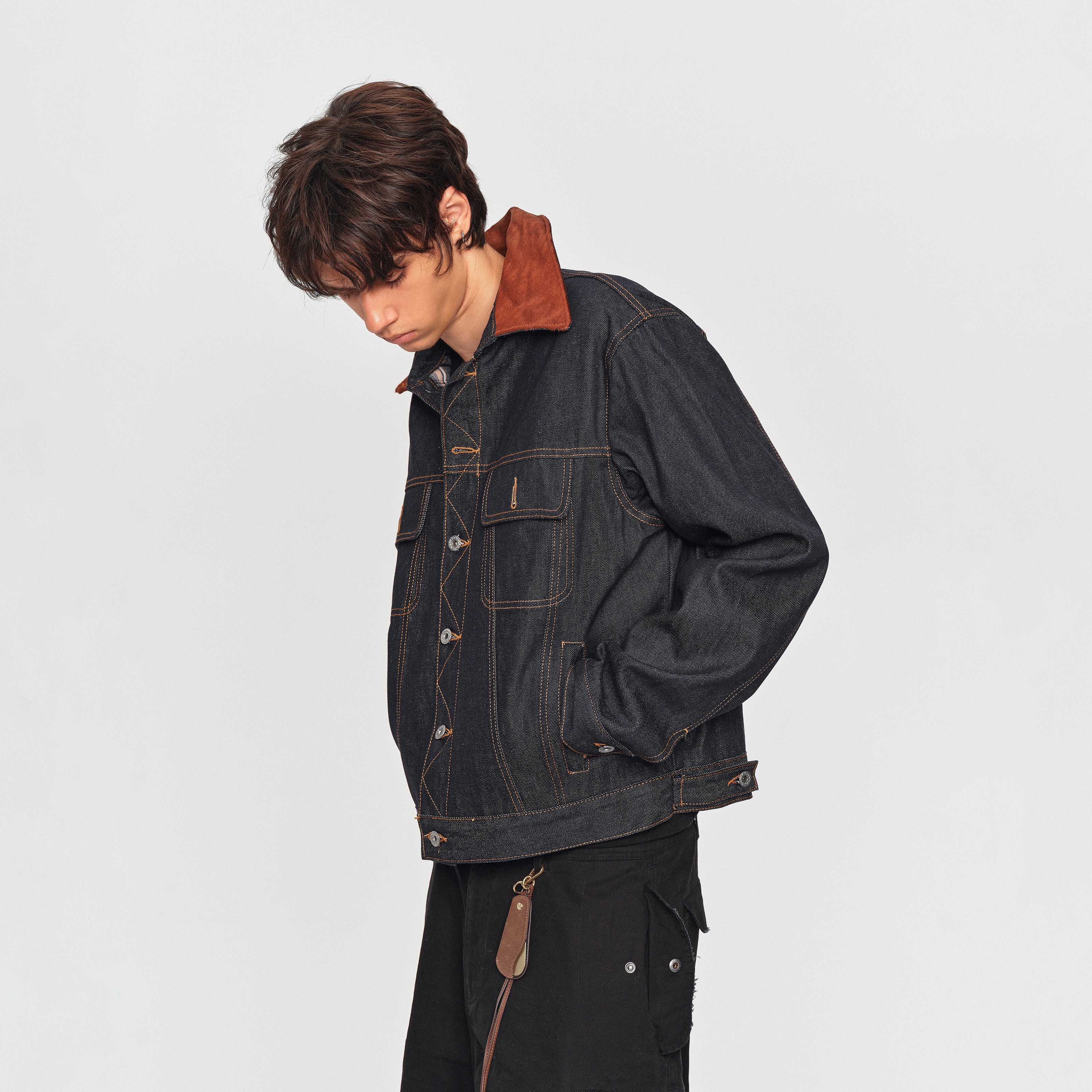 MADWITCH PONY-HAIR COLLAR DUAL-POCKET DENIM JACKET #2606WT3027