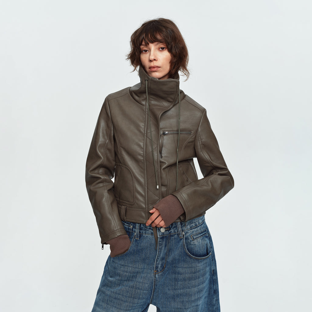 MADWITCH ASYMMETRIC-ZIP HIGH-COLLAR CROPPED FAUX-LEATHER BIKER JACKET #L2026611