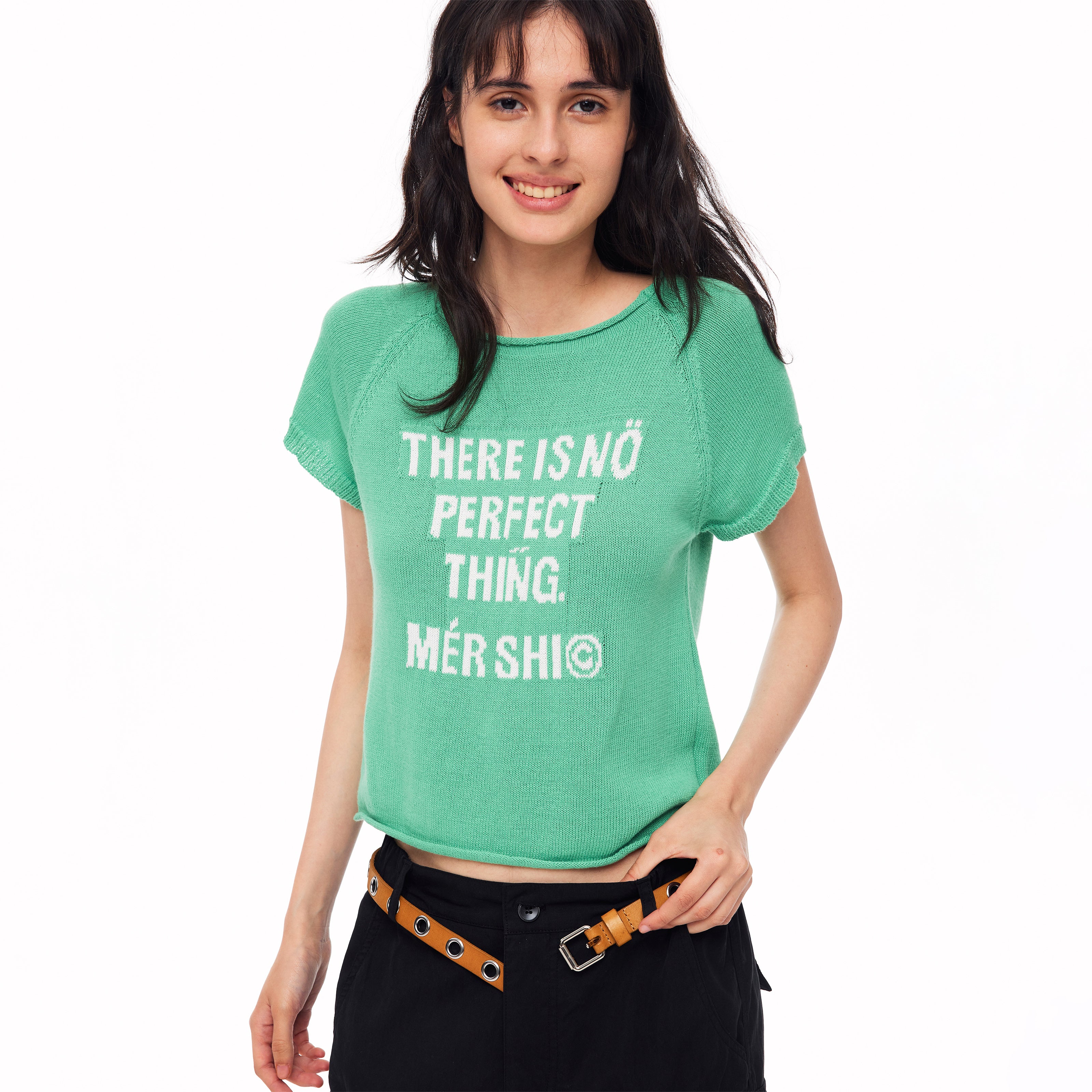 MADWITCH LETTER JACQUARD RIBBED CROPPED KNIT TEE #8787
