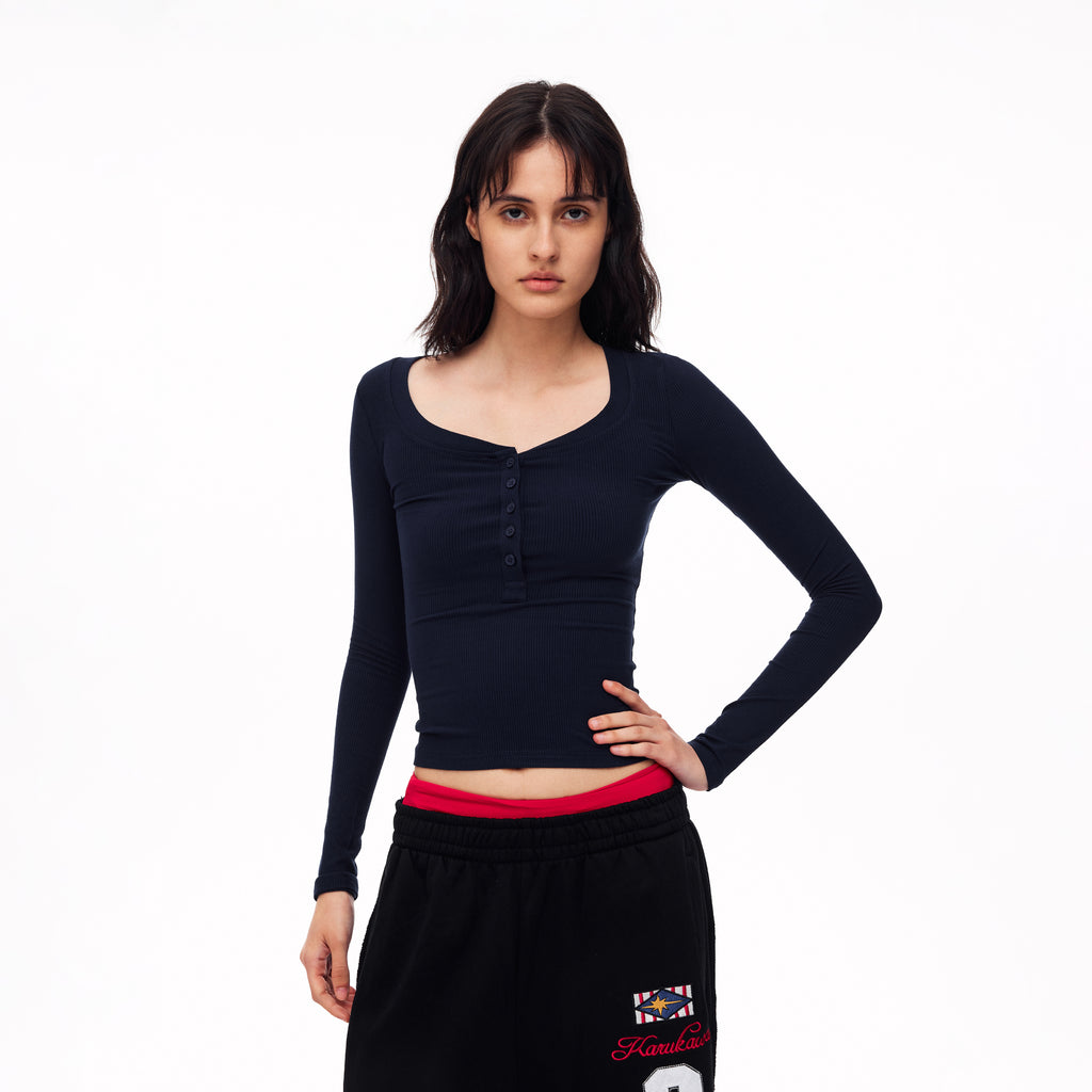 MADWITCH RIBBED U NECK HENLEY LONG SLEEVE TEE #G2079