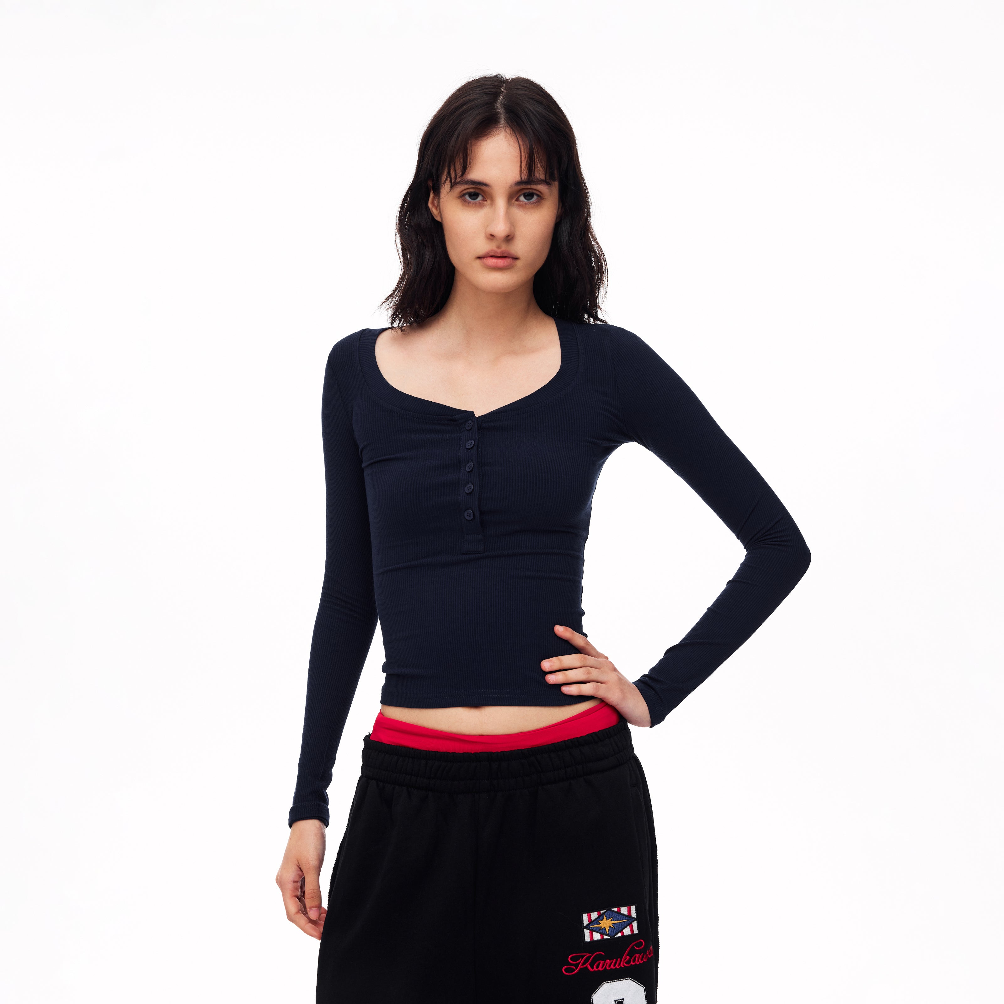 MADWITCH RIBBED U NECK HENLEY LONG SLEEVE TEE #G2079