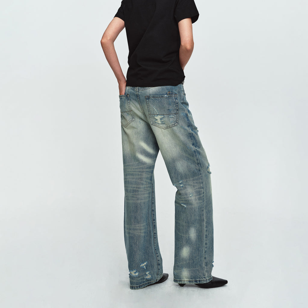 MADWITCH DISTRESSED WASHED WIDE-LEG JEANS #G60064