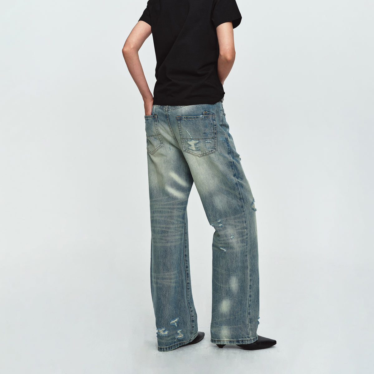 MADWITCH DISTRESSED WASHED WIDE-LEG JEANS #G60064