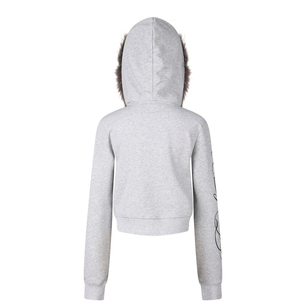 MADWITCH RHINESTONE-SCRIPT FAUX-FUR TRIM CROPPED ZIP HOODIE #L2026585
