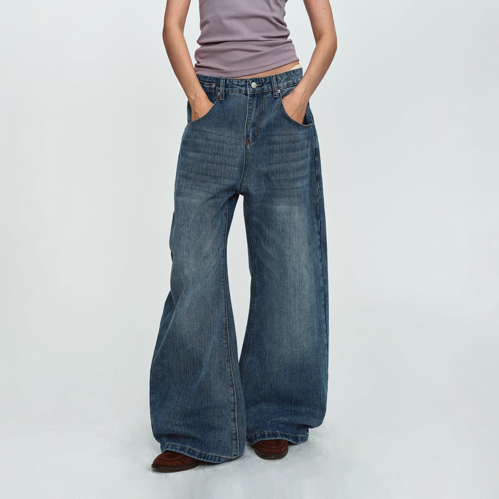 MADWITCH CINCH-BACK STUDDED CURVED-LEG JEANS #G60083