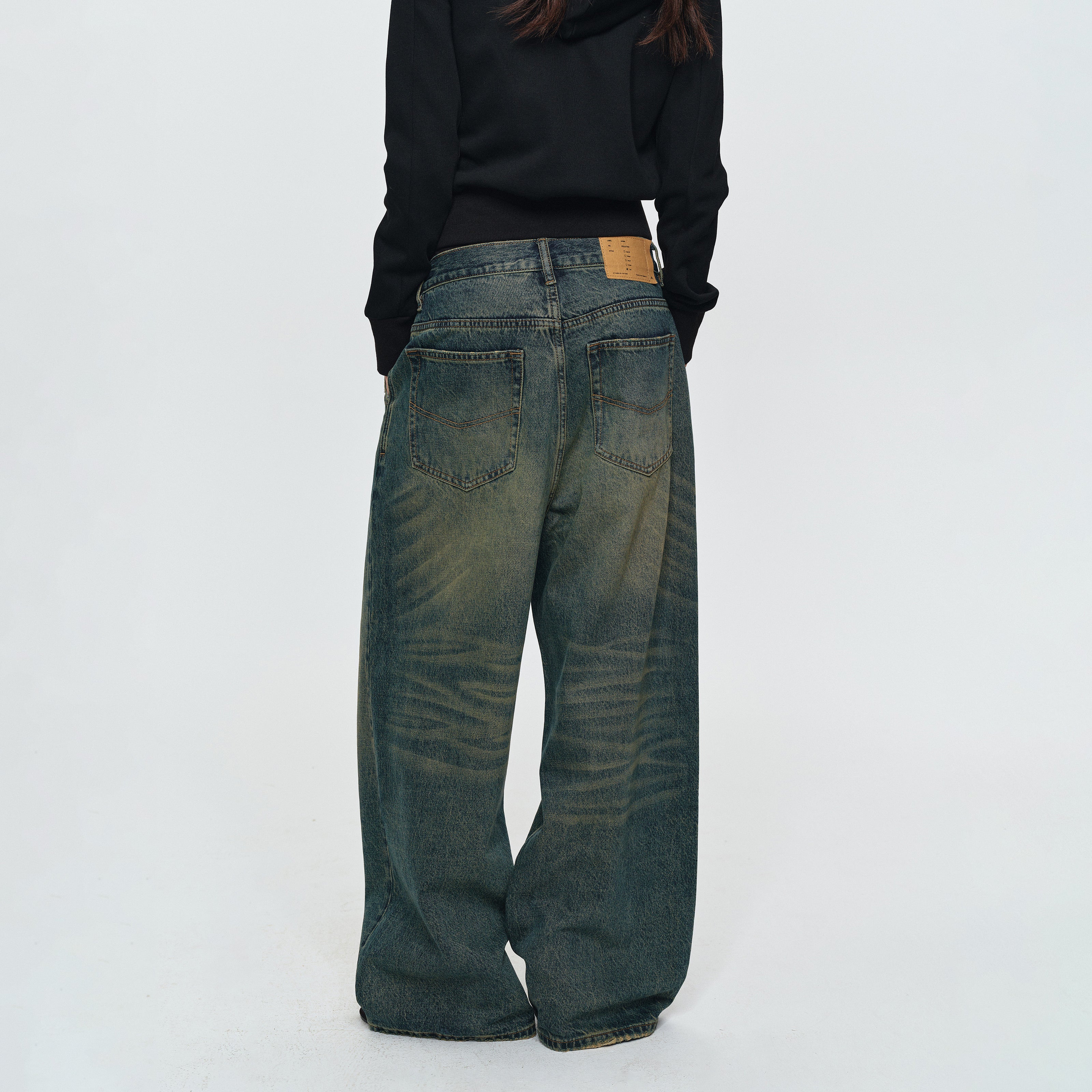 MADWITCH DOUBLE-PLEATED WASHED WIDE-LEG JEANS #CK9853